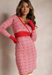 Czerwona Sukienka Mini ze Sweterkowej Dzianiny z Geometrycznym Wzorem Manounetta. Czerwone sukienki damskie Renee, bez wzorów, z dzianiny, eleganckie, bez kołnierzyka, bez ramiączek, mini, kopertowe. W wyprzedaży za 69.99 zł.