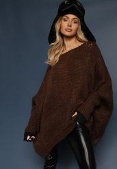 Brązowy Luźny Sweter Dzianinowy w Stylu Ponczo Nattava. Brązowe swetry klasyczne damskie Renee, uniwersalny, z dzianiny, bez kołnierzyka. Za 84.99 zł.