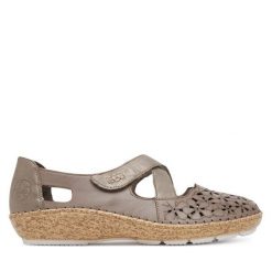 Półbuty Rieker. Szare półbuty damskie Rieker, bez wzorów, bez obcasa, na płaskiej podeszwie. Za 329.99 zł.