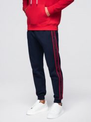 Sportowe spodnie męskie jogger z lampasami – granatowe V3 - Rozmiar: M. Niebieskie spodnie sportowe męskie Ombre Clothing, z bawełny. Za 219.99 zł.
