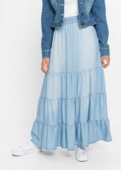 Długa spódnica z falban. Niebieskie spódniczki damskie bonprix, bez wzorów, z denimu, maxi. Za 147.99 zł.