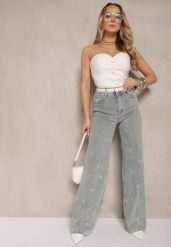 Jasnoniebieskie Jeansy High Waist o Szerokim Kroju z Cyrkoniami i Koralikami Heltewi. Niebieskie jeansy damskie Renee, z podwyższonym stanem. Za 139.99 zł.