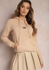 Beżowa Ocieplona Bluza z Kapturem Ozdobiona Naszywką i Napisem Eirellia. Brązowe bluzy z kapturem damskie Renee, l, z dzianiny. Za 79.99 zł.