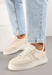 Beżowe Sneakersy Tenisówki Ozdobione Paskami Falovinia. Brązowe trampki i tenisówki damskie Renee, bez wzorów, z jeansu. Za 79.99 zł.