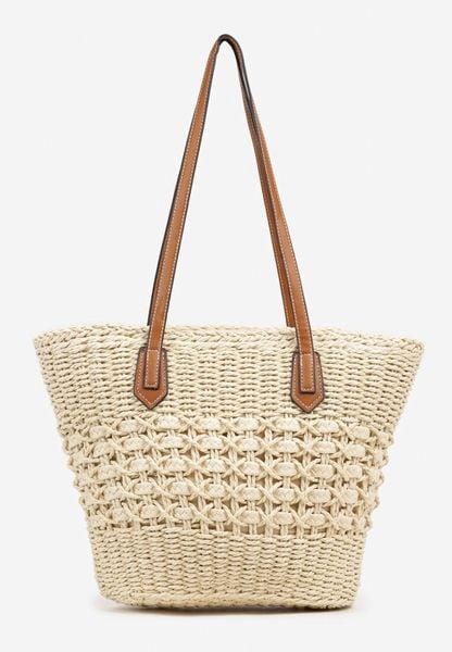 Beżowa Torebka Shopperka z Plecionką Feladwena. Brązowe torebki klasyczne damskie Born2be, z aplikacjami, z jeansu, bez dodatków. Za 109.99 zł.