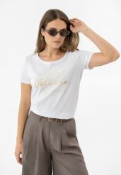 T-shirt z printem T-CORIS. Białe t-shirty damskie Volcano, xxl, bez wzorów, z bawełny, bez kołnierzyka. Za 69.99 zł.