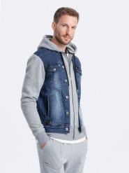 Dzianinowa kurtka męska z kapturem i jeansowymi wstawkami – szaro-niebieska V1 OM-JADJ-0124 - XL. Szare kurtki męskie Ombre Clothing, l, bez wzorów, z denimu, z kapturem. W wyprzedaży za 149.99 zł.