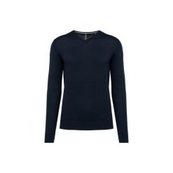 Ekologiczny sweter z dekoltem w szpic Kariban. Niebieskie swetry męskie KARIBAN, m, bez wzorów, bez kołnierzyka. Za 211.50 zł.