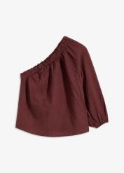 Bluzka na jedno ramię z domieszką lnu. Brązowe bluzki damskie bonprix, bez wzorów, bez kołnierzyka, bez ramiączek. Za 59.99 zł.
