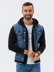 Kurtka męska jeansowa katana z kapturem - niebiesko-czarna - Rozmiar: XL. Czarne kurtki męskie Ombre Clothing, m, bez wzorów, z bawełny, klasyczne, z kapturem. W wyprzedaży za 149.99 zł.
