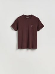 T-shirt regular z drobnym haftem - ciemnobrązowy. Brązowe t-shirty damskie Reserved, l, bez wzorów, z bawełny, bez kołnierzyka. Za 49.99 zł.