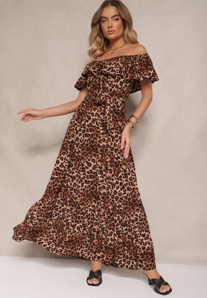 Brązowa Rozkloszowana Sukienka Hiszpanka z Gumką w Talii w Panterkowy Wzór Hiterta. Brązowe sukienki damskie Renee, na co dzień, l, bez wzorów, eleganckie, bez kołnierzyka, bez ramiączek, maxi, rozkloszowane. Za 59.99 zł.