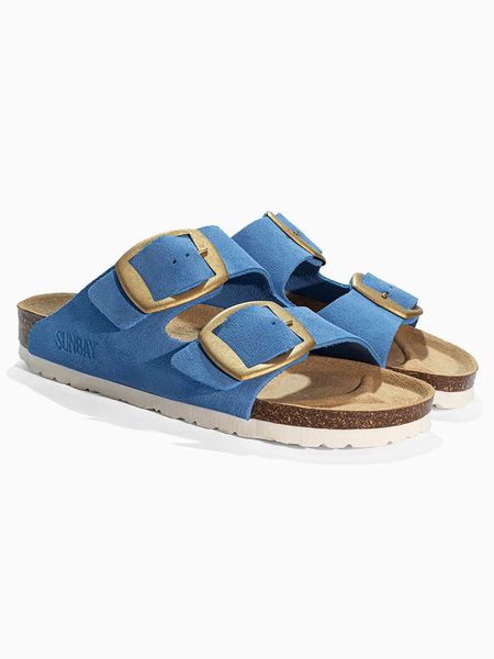 Sunbay Skórzane klapki "Calen" w kolorze niebieskim rozmiar: 39. Niebieskie klapki damskie Sunbay, bez wzorów, ze skóry, bez obcasa. Za 169.95 zł.