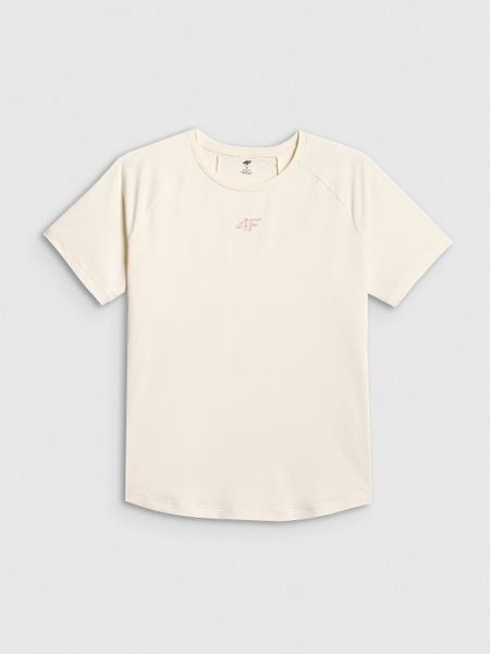 4F Koszulka treningowa regular szybkoschnąca damska - biała S. Białe bluzki damskie 4f, s, bez wzorów, z materiału, bez kołnierzyka, bez ramiączek. Za 99.99 zł.