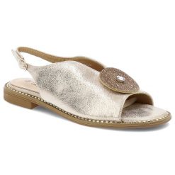 Złote Sandały S.Barski Eleganckie Obuwie Damskie. Żółte sandały damskie S.BARSKI, z aplikacjami, ze skóry ekologicznej, bez obcasa. Za 139.00 zł.