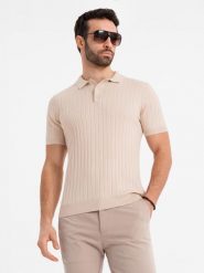Męska koszulka polo z wiskozą SLIM FIT w pionowy prążek – beżowa V2 OM-POSS-0143 - XXL. Brązowe koszulki polo męskie Ombre Clothing, m, bez wzorów, z dzianiny, bez ramiączek. W wyprzedaży za 99.99 zł.