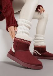 Bordowe Śniegowce o Wsuwanym Fasonie z Haftem i Futrem przy Cholewce Mevinadia. Czerwone śniegowce damskie Renee, z jeansu. Za 89.99 zł.