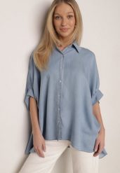 Jasnoniebieska Nietoperzowa Koszula Oversize z Wiskozą z Rękawami 3/4 Mathei. Niebieskie koszule damskie Born2be, na lato, m, bez wzorów, z materiału, casualowe, bez kołnierzyka, bez ramiączek. Za 139.99 zł.
