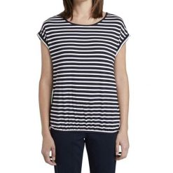 Koszulka turystyczna damska Tom Tailor Striped Crew-Neck. Białe bluzki sportowe damskie Tom Tailor, z elastanu, bez kołnierzyka, bez ramiączek. W wyprzedaży za 80.00 zł.