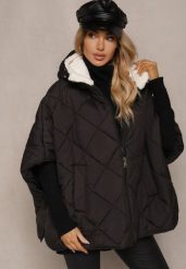 Czarna Kurtka Typu Ponczo z Pikowanymi Przeszyciami i Kapturem Zdobionym Futrem Edanitha. Czarne kurtki damskie Renee, l, z aplikacjami, z jeansu. Za 229.99 zł.
