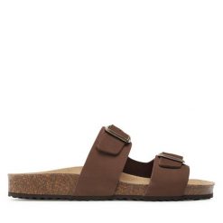 Klapki Geox. Brązowe klapki damskie Geox, bez wzorów, bez obcasa. Za 259.99 zł.