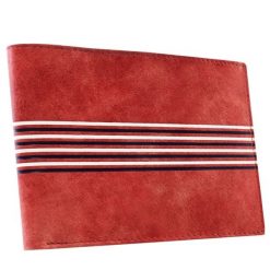 Portfel męski czerwony zdobiony paskami 701-CSG RED WHITE BL. Białe portfele męskie inny, z aplikacjami, ze skóry. Za 36.00 zł.