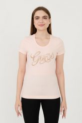 GUESS Różowy t-shirt Script. Czerwone t-shirty damskie Guess, xs, z aplikacjami, bez kołnierzyka. W wyprzedaży za 164.99 zł.