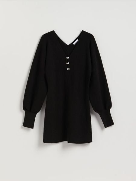 Dzianinowa sukienka mini - czarny. Czarne sukienki damskie Reserved, l, bez wzorów, z dzianiny, bez kołnierzyka, bez ramiączek, mini, dopasowane. Za 149.99 zł.