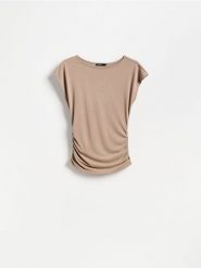 T-shirt z modalem - beżowy. Brązowe t-shirty damskie Reserved, l, bez wzorów, z dzianiny, bez kołnierzyka. Za 69.99 zł.