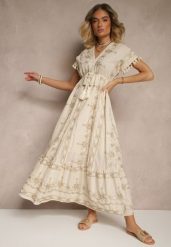Beżowa Rozkloszowana Sukienka Boho z Bawełny z Chwostami Haftami i Metaliczną Nicią Divirna. Brązowe sukienki damskie Renee, na imprezę, na lato, l, z aplikacjami, z bawełny, boho, bez kołnierzyka, bez ramiączek, maxi, rozkloszowane. W wyprzedaży za 183.99 zł.