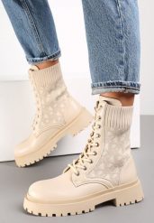 Beżowe Botki Workery z Elastyczną Cholewką Sznurowane Eideia. Brązowe botki damskie Renee, z dzianiny, eleganckie, bez obcasa, na obcasie, bez zapięcia. Za 89.99 zł.