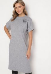 Szara Sukienka z Wiskozą Bawełną i Odpinanym Kwiatem 3D Zeiada. Szare sukienki damskie Born2be, l, bez wzorów, z bawełny, bez kołnierzyka, bez ramiączek, midi. W wyprzedaży za 103.99 zł.