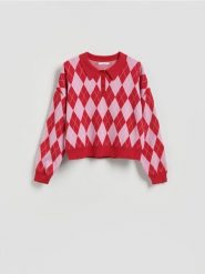 Wzorzysty sweter z kołnierzykiem - wielobarwny. Swetry klasyczne damskie Reserved, l, z dzianiny, bez kołnierzyka. W wyprzedaży za 59.99 zł.