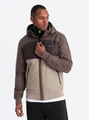 Lekka kolorowa męska sportowa kurtka z polarem – beżowo-ciemnobrązowa V19 OM-JANP-0194 - XXL. Brązowe kurtki treningowe męskie Ombre Clothing, l, bez wzorów, z materiału. W wyprzedaży za 199.99 zł.