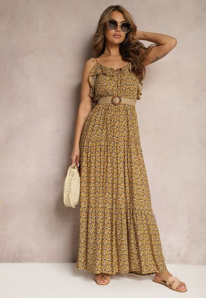 Żółta Rozkloszowana Sukienka z Wiskozy na Regulowanych Ramiączkach Wrinesa. Żółte sukienki damskie Renee, na co dzień, l, bez wzorów, z wiskozy, klasyczne, bez kołnierzyka, bez ramiączek, maxi, dopasowane. Za 79.99 zł.