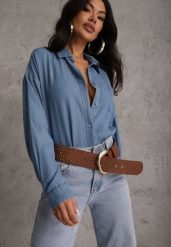 Niebieska Denimowa Koszula z Bawełną i Kieszonką Worimi. Niebieskie koszule damskie Renee, na wiosnę, bez wzorów, z bawełny, bez kołnierzyka, bez ramiączek. Za 99.99 zł.