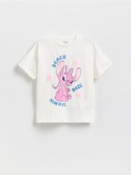T-shirt Lilo i Stitch - złamana biel. Koszulki dziewczęce Reserved, bez wzorów, z bawełny, bez ramiączek. W wyprzedaży za 35.99 zł.