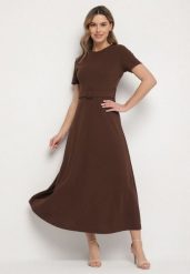 Brązowa Rozkloszowana Sukienka Ozdobiona Paskiem Desianna. Brązowe sukienki damskie Born2be, na co dzień, m, bez wzorów, eleganckie, bez kołnierzyka, bez ramiączek, maxi, rozkloszowane. W wyprzedaży za 87.99 zł.