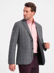 Żakardowa marynarka męska w delikatną kratę - grafitowa V1. Szare marynarki męskie Ombre Clothing, bez wzorów, z materiału. W wyprzedaży za 149.99 zł.