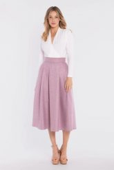 Rozkloszowana spódnica z wysokim stanem różowa. Czerwone spódniczki damskie Stylove, l, bez wzorów, z poliesteru, eleganckie, z podwyższonym stanem, midi, rozkloszowane. Za 289.00 zł.