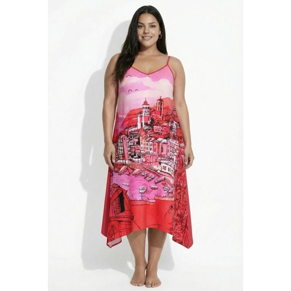 Damskie Sukienka motyw wakacyjny krój trapezowy dekolt w serek bez rękawów. Czerwone sukienki damskie Ulla Popken, plus size, bez wzorów, z materiału, sportowe, bez kołnierzyka, plus size, bez ramiączek, sportowe. Za 279.99 zł.