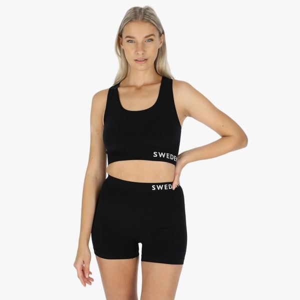 Biustonosz treningowy damski Swedemount Padded Seamless Top szybkoschnący. Czarne biustonosze sportowe damskie SWEDEMOUNT, s, bez wzorów, z materiału, bez ramiączek. Za 99.99 zł.