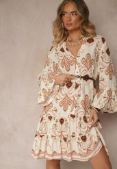 Jasnobeżowa Rozkloszowana Sukienka z Wiskozy Zdobiona Etnicznym Printem Pasiretia. Brązowe sukienki damskie Renee, na co dzień, l, z aplikacjami, z wiskozy, eleganckie, bez kołnierzyka, bez ramiączek, mini, rozkloszowane. Za 119.99 zł.