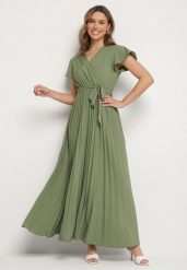Ciemnozielona Elegancka Sukienka Maxi w Plisy z Kopertowym Dekoltem i Wiązaniem Thessi. Zielone sukienki damskie Born2be, na lato, m, bez wzorów, eleganckie, bez kołnierzyka, bez ramiączek, maxi, kopertowe. W wyprzedaży za 67.99 zł.