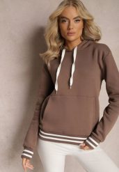 Brązowa Bluza Kangurka z Bawełny ze Ściągaczami w Paski i Kapturem Gaiana. Brązowe bluzy z kapturem damskie Renee, z bawełny. Za 99.99 zł.