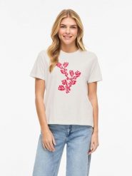 Vila Koszulka "Visybilla" w kolorze biało-czerwonym rozmiar: L. Białe bluzki damskie Vila, l, bez wzorów, z bawełny, bez kołnierzyka, bez ramiączek. Za 60.99 zł.