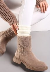 Beżowe Botki z Futerkiem i Paskiem z Klamerką Adorra. Brązowe botki damskie Renee, bez obcasa, na płaskiej podeszwie, bez zapięcia. Za 159.99 zł.