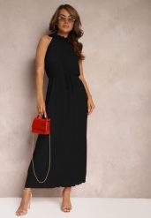 Czarna Sukienka z Dekoltem Typu Halter z Materiałowym Paskiem w Talii i Aplikacjami 3D Dimnnia. Czarne sukienki damskie Renee, na co dzień, l, z aplikacjami, z materiału, eleganckie, bez kołnierzyka, bez ramiączek, maxi, proste. W wyprzedaży za 118.99 zł.