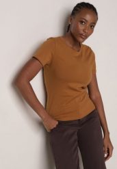 Brązowy Bawełniany T-shirt w Klasycznym Stylu Nedila. Brązowe t-shirty damskie Born2be, m, bez wzorów, z bawełny, bez kołnierzyka. Za 39.99 zł.