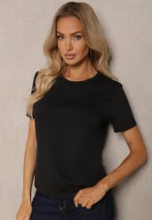Czarny T-shirt Koszulka z Krótkim Rękawem i Okrągłym Dekoltem Tiarella. Czarne bluzki damskie Renee, l, z aplikacjami, z jeansu, eleganckie, bez kołnierzyka, bez ramiączek. Za 19.99 zł.